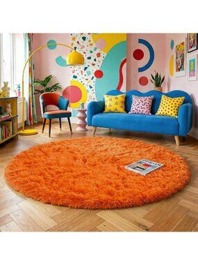 〽️Orange Round Shag Kid Rug 4Ft Bedroom Living Room Classroom Fluffy Shag Carpet